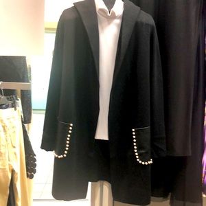 FRANK LYMAN LONG KNIT JACKET w/hood & patent leather pockets with pearl beadwork